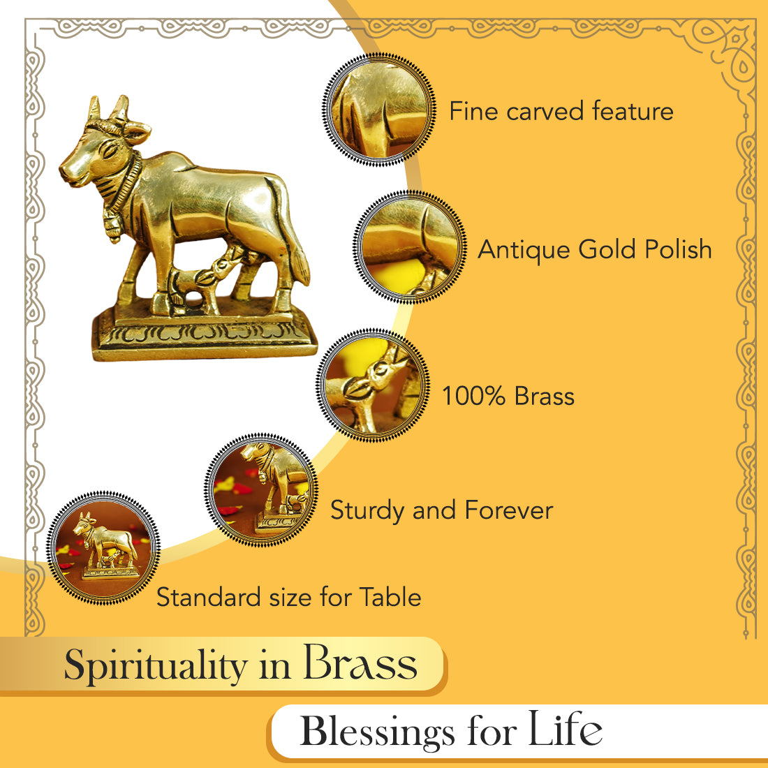 Pure Brass Kamdhenu Cow with Calf Idol for Vastu, Pooja & Home Decor