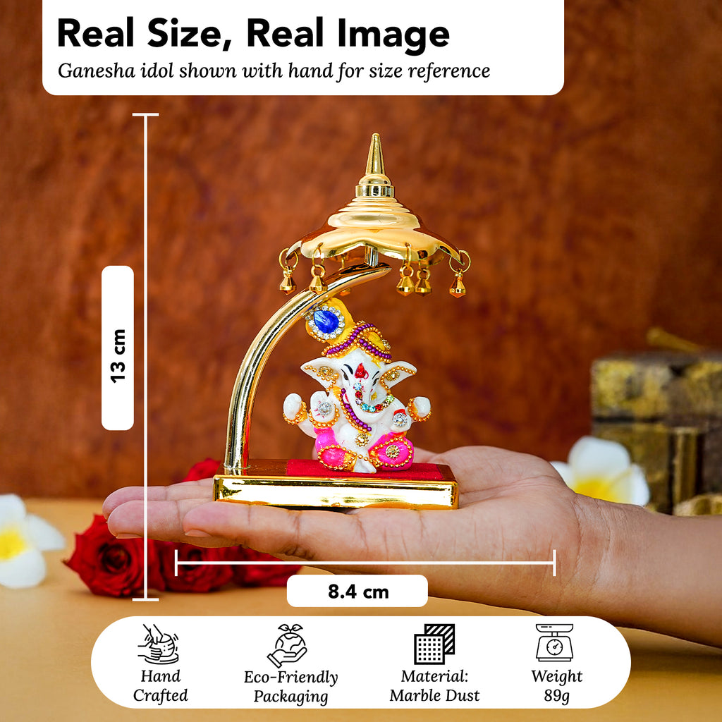 Ganesha Idol with Umbrella for Car Dashboard Decor & Spiritual Gifting