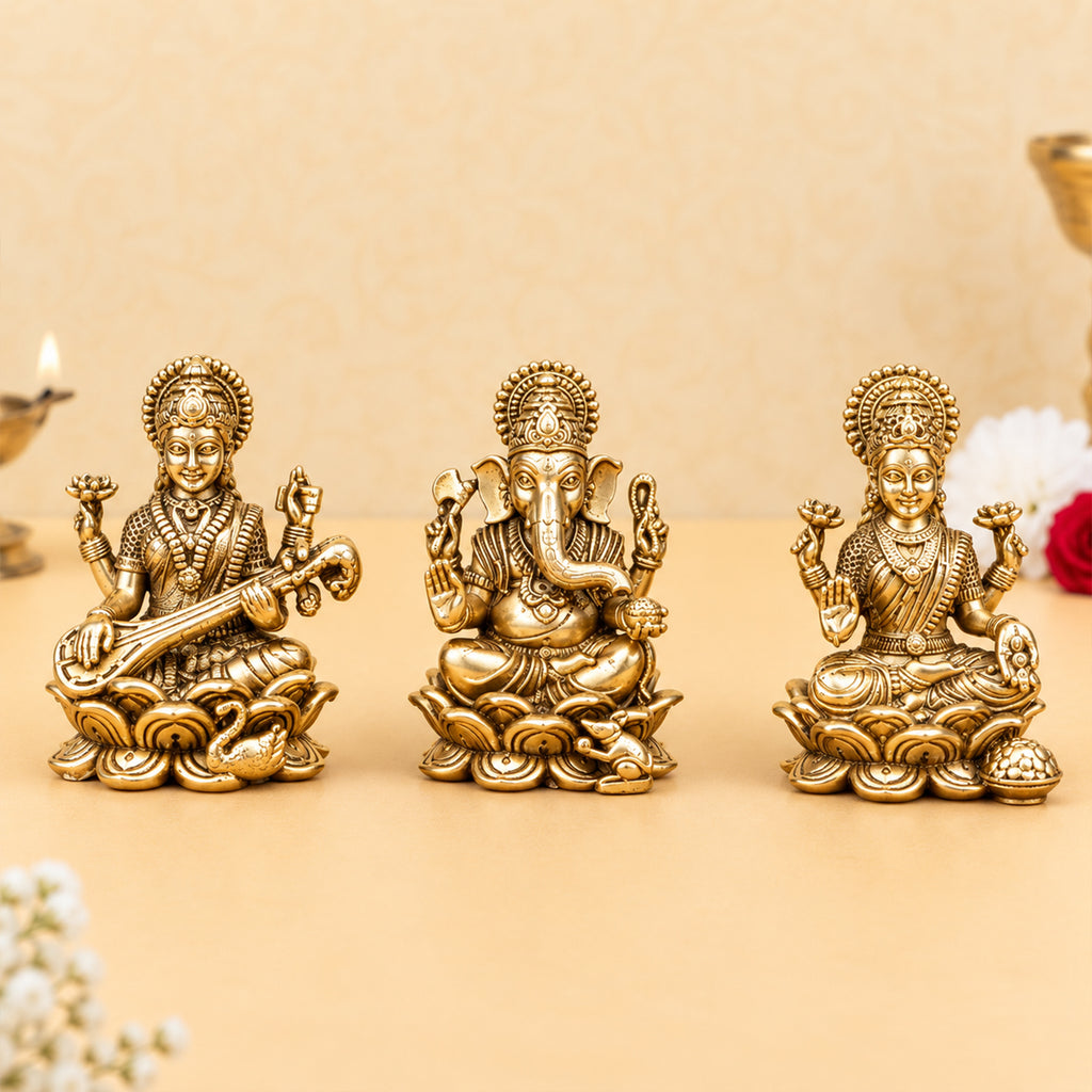 Pure Brass Lakshmi Ganesh Saraswati Idol with Velvet Gift Box for Housewarming, Wedding & Gifting