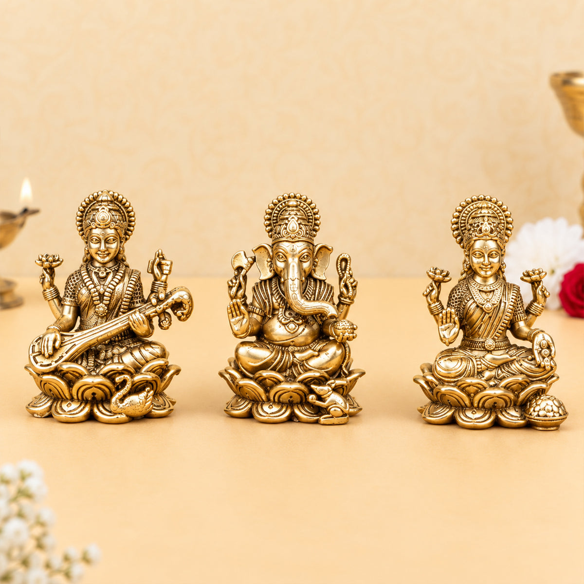 Pure Brass Lakshmi Ganesh Saraswati Idol with Velvet Gift Box for Housewarming, Wedding & Gifting