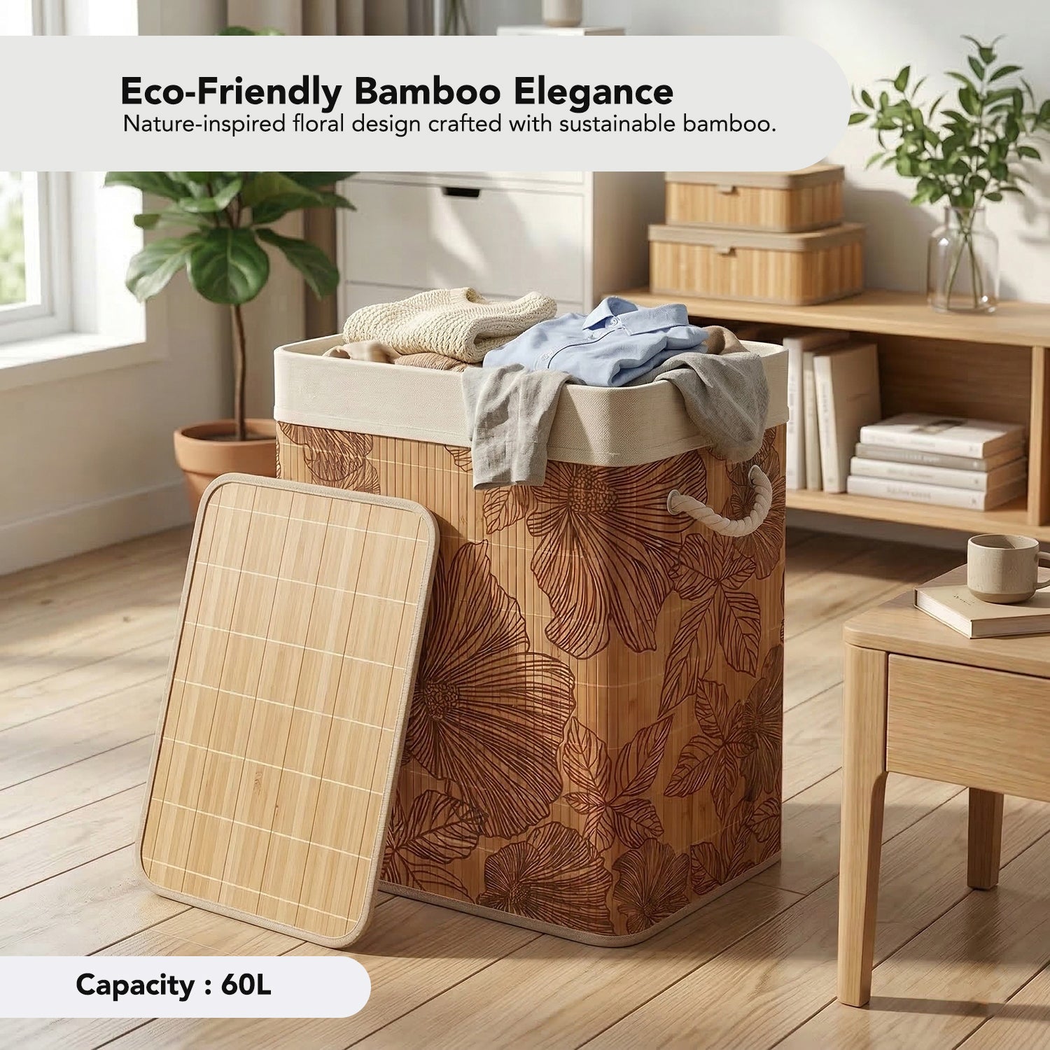 Bamboo Floral Foldable Laundry Basket with Lid for Storage & Organization