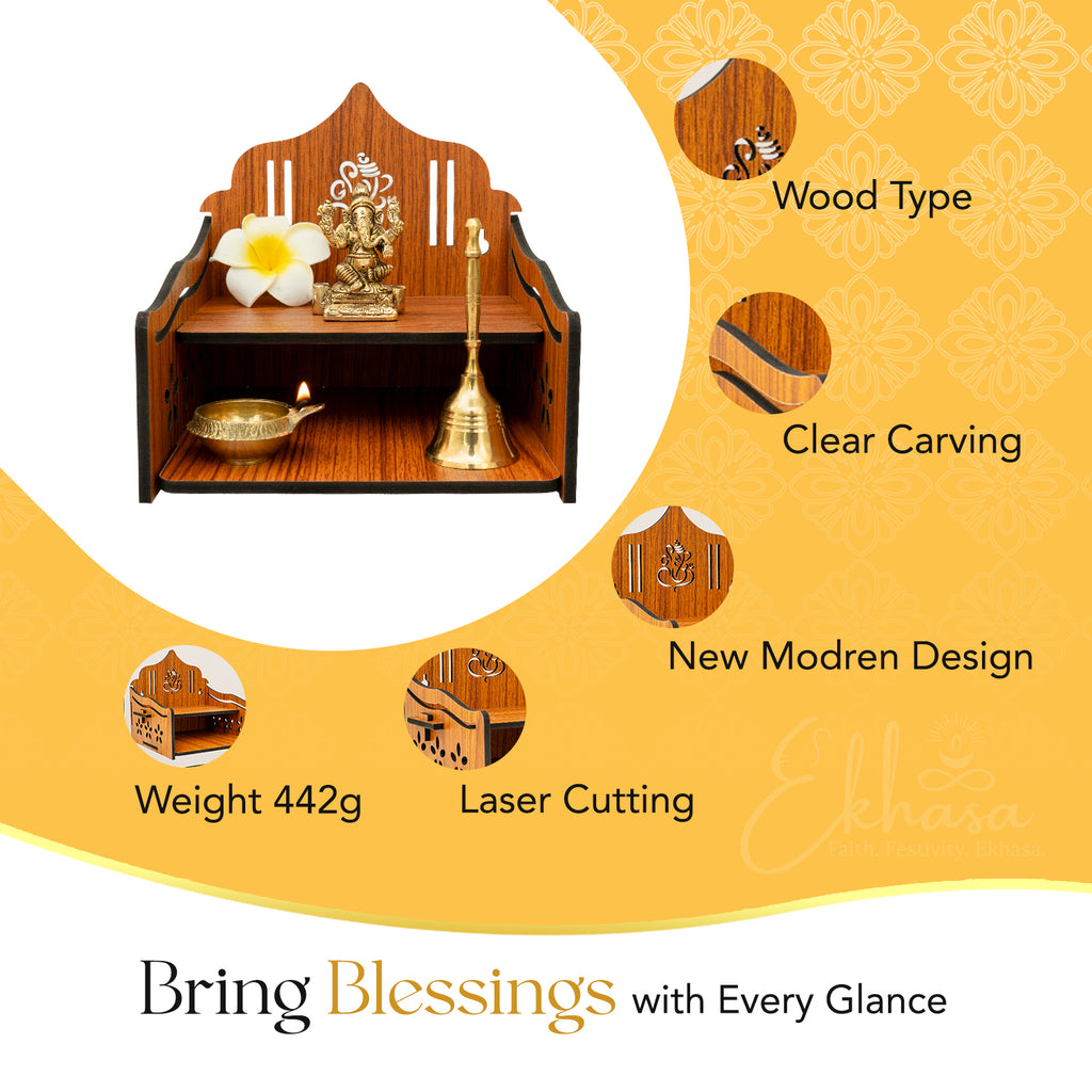 Wooden Wall Mounted Temple with Bells for Puja , Office & Home Decor