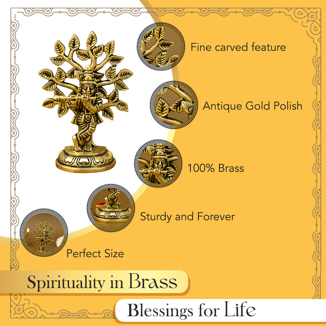 Brass Lord Krishna Idol with Kalpavriksha Tree & Flute for Home Decor & Pooja