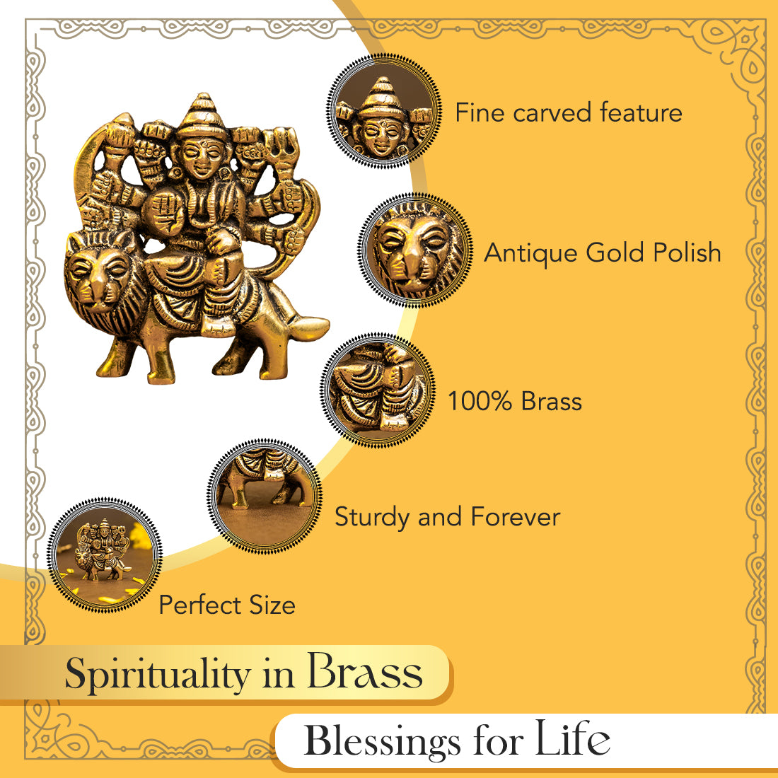 Brass Durga Maa Idol for Home Decor, Office Desk & Car Dashboard