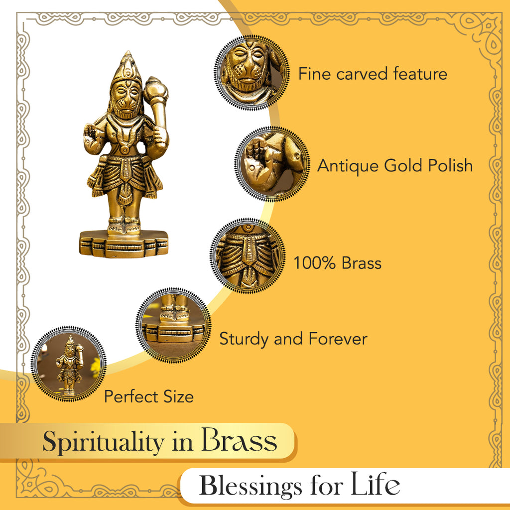 Brass Hanuman Idol for Home Puja, Office Desk & Car Dashboard