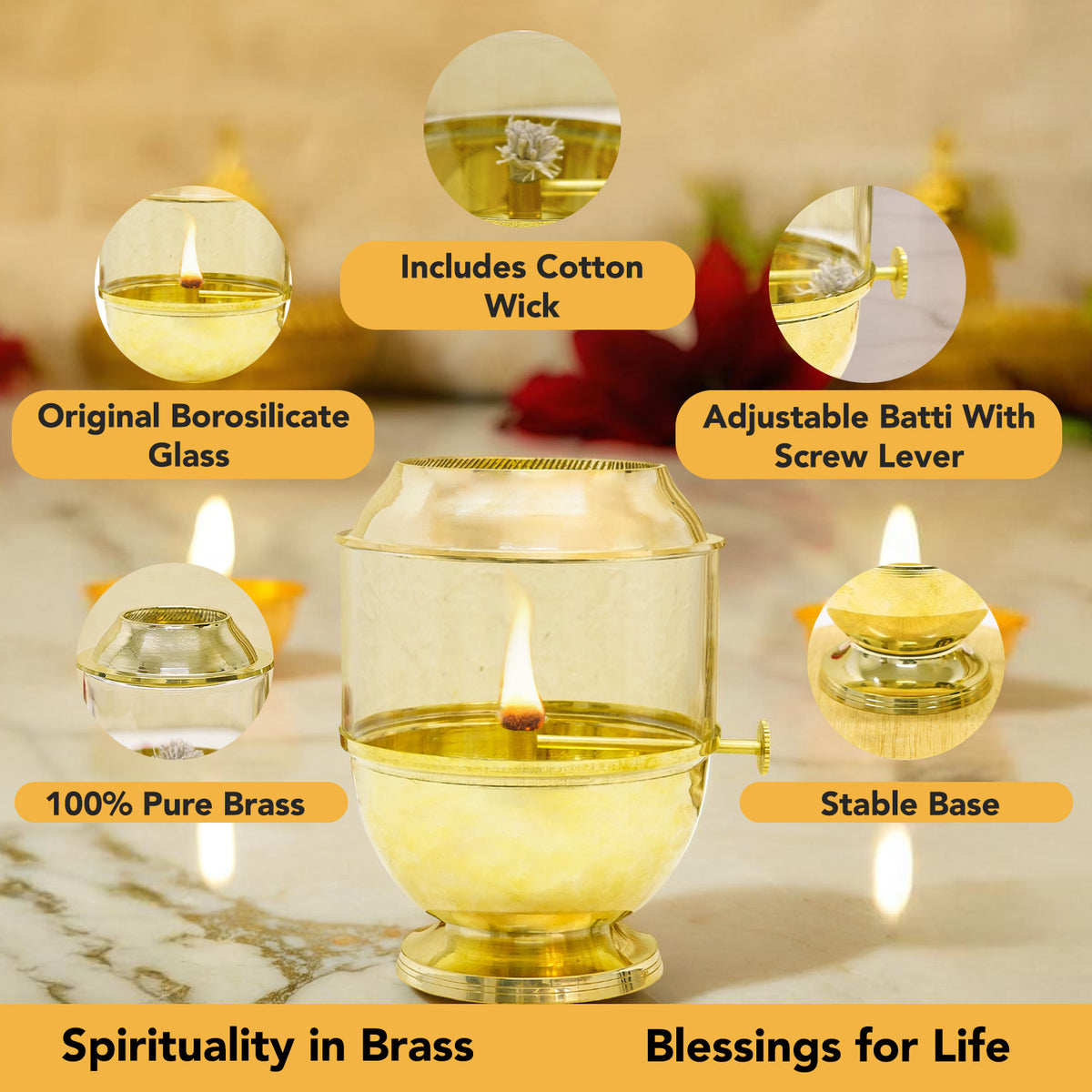 Brass Akhand Jyot Diya with Adjustable Bati Knob & Glass Cover for Puja(500 ML)