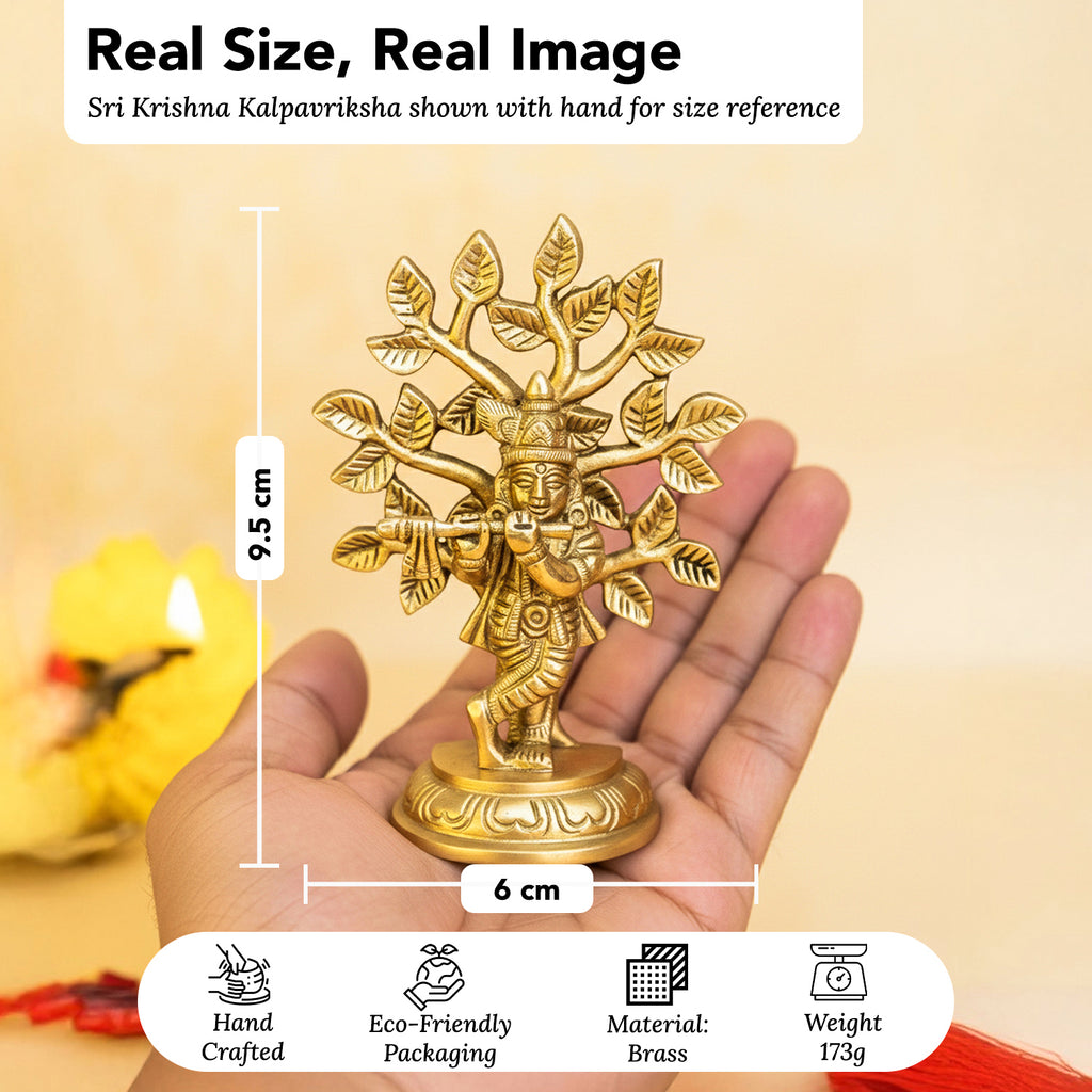 Brass Lord Krishna Idol with Kalpavriksha Tree & Flute Gift Box for Housewarming, Wedding & Gifting