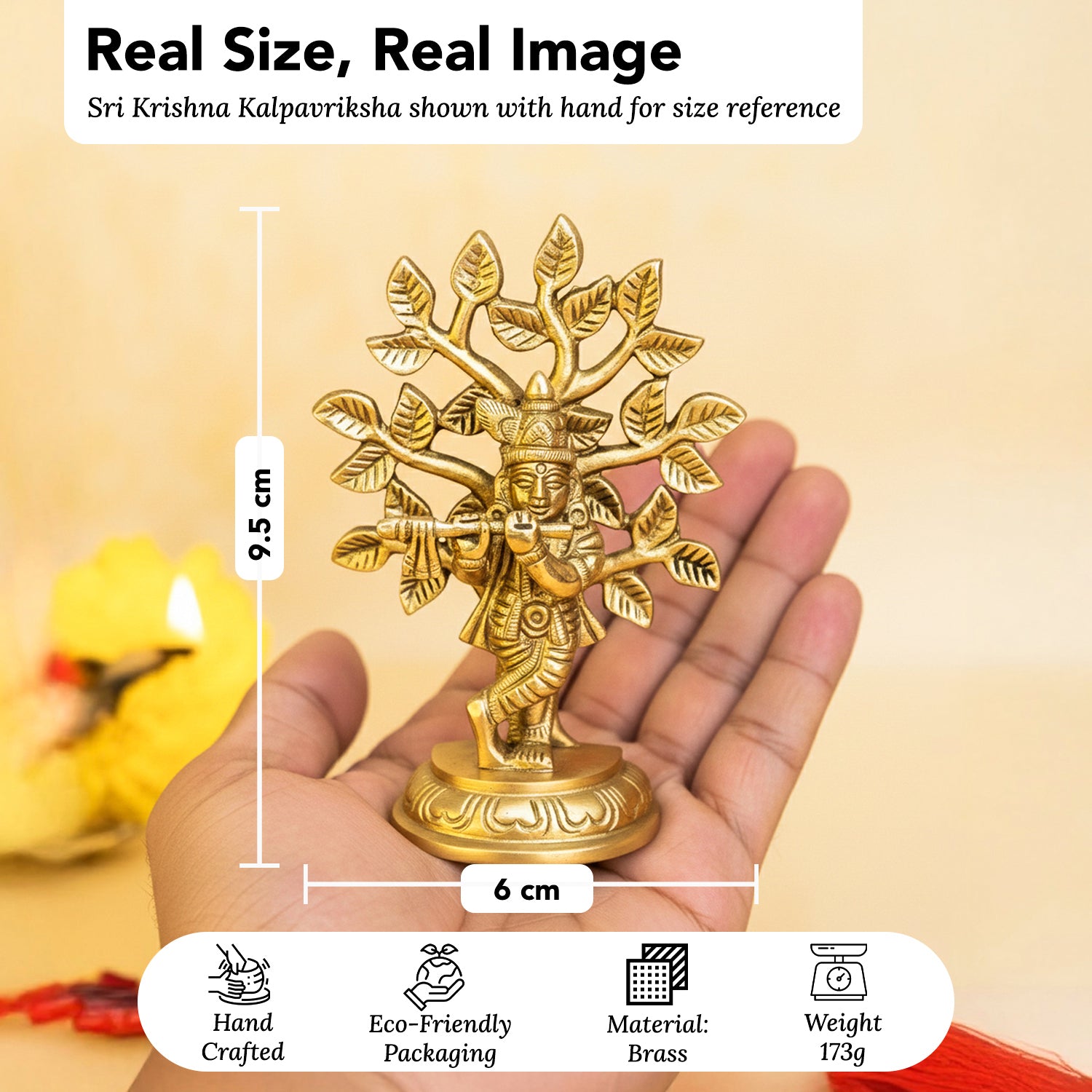 Brass Lord Krishna Idol with Kalpavriksha Tree & Flute Gift Box for Housewarming, Wedding & Gifting