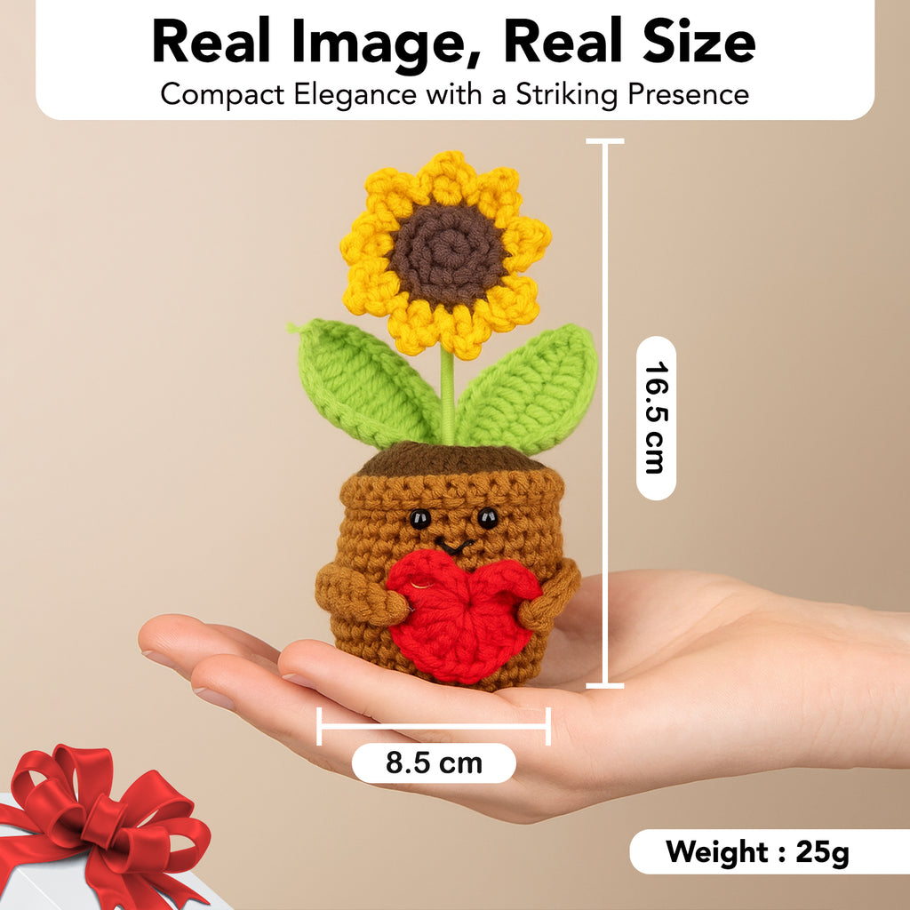 Sunflower with Heart Crochet Flowers Pot for Home Decor, Car Dashboard & Gifting