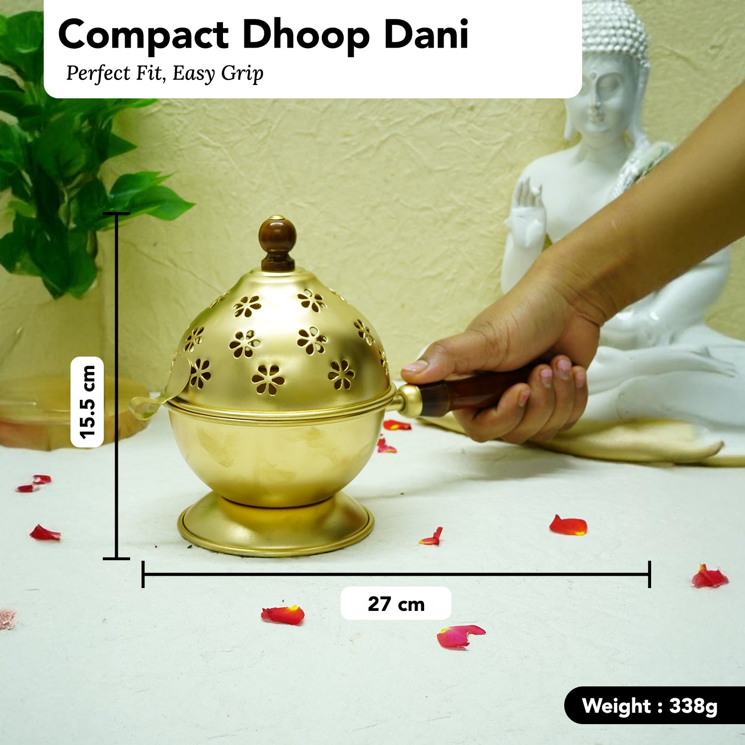 Metal Dhoop Dani with Wooden Holder for Pooja & Home Decor