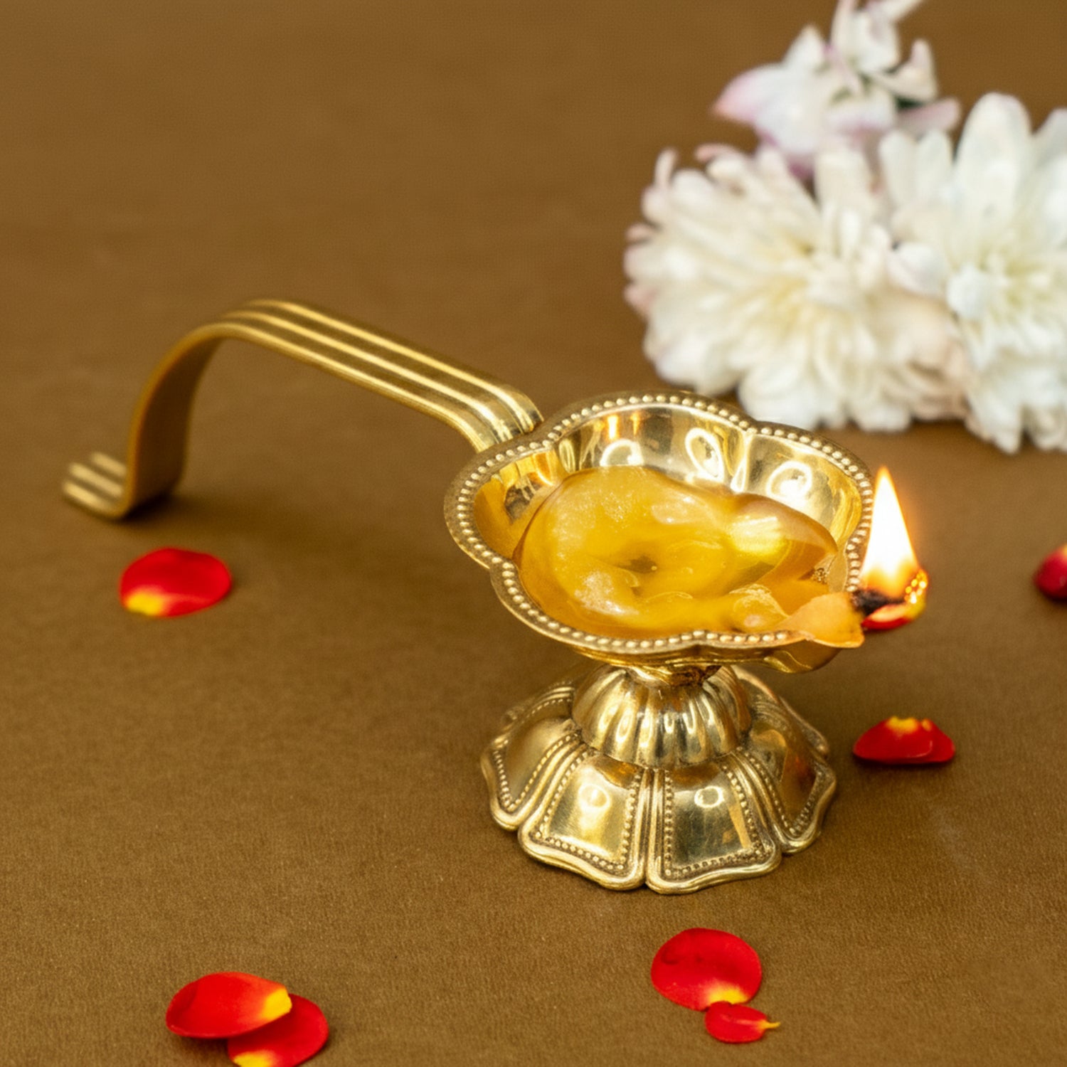 Brass Aarti Diya with Stand for Pooja & Temple Rituals