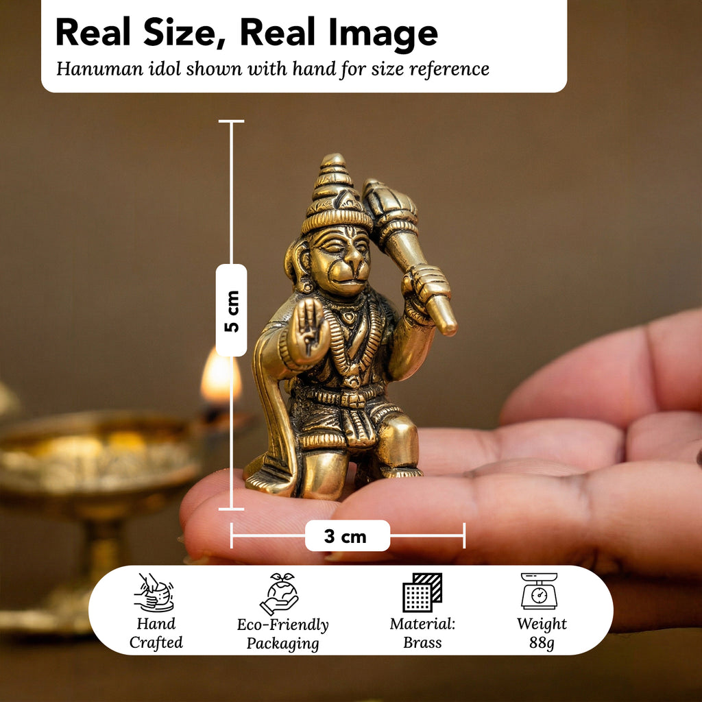 Pure Brass Hanuman Ji Idol for Home Puja, Office Desk & Car Dashboard