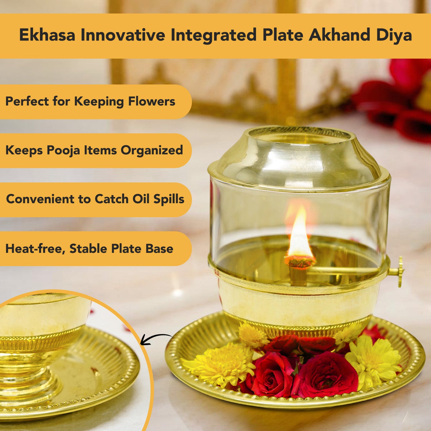 Brass Akhand Jyot Diya with Plate Adjustable Bati Knob & Glass Cover for Puja(Medium Size, 150 ml Oil Capacity)