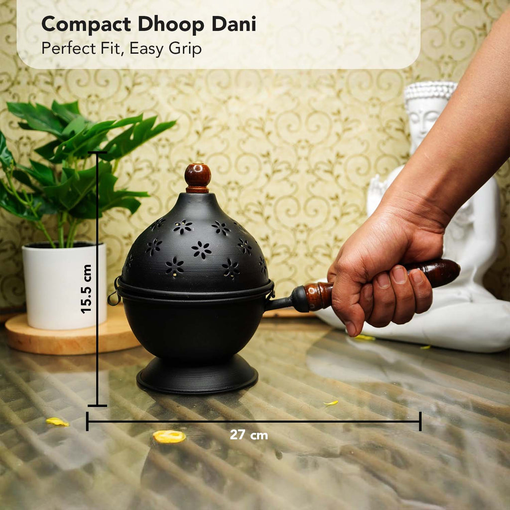 Metal Dhoop Dani with Wooden Holder for Pooja & Home Decor
