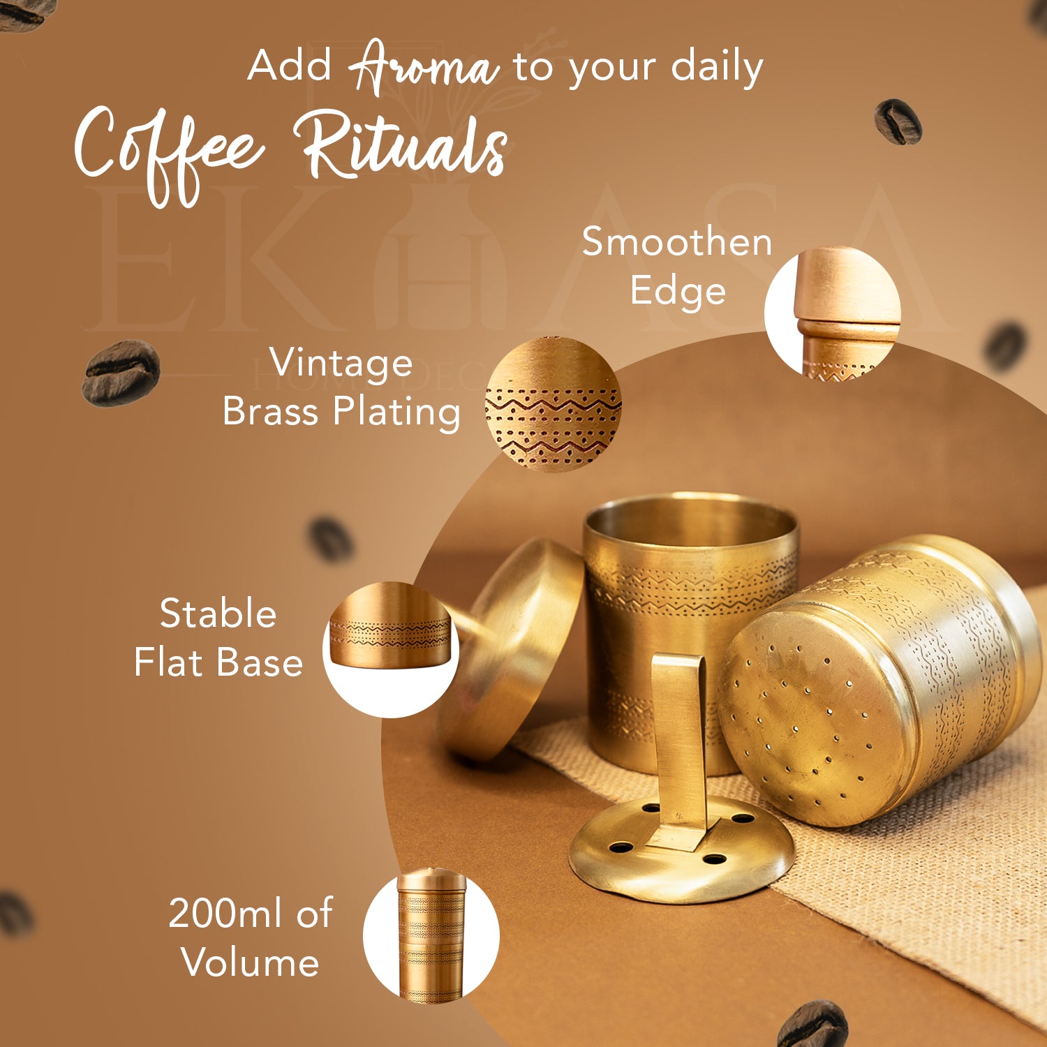Brass Filter Coffee Maker & Coffee Cup Set with Gift Box for Housewarming, Wedding & Gifting
