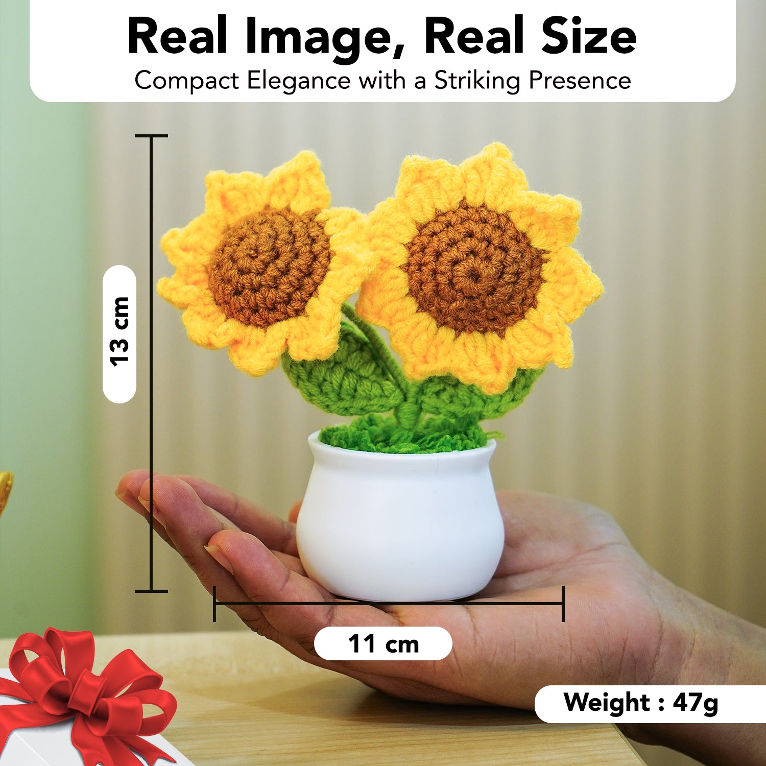 Crochet Sunflower with Pot for Car Dashboard, Table Decor, Office & Home Gifting