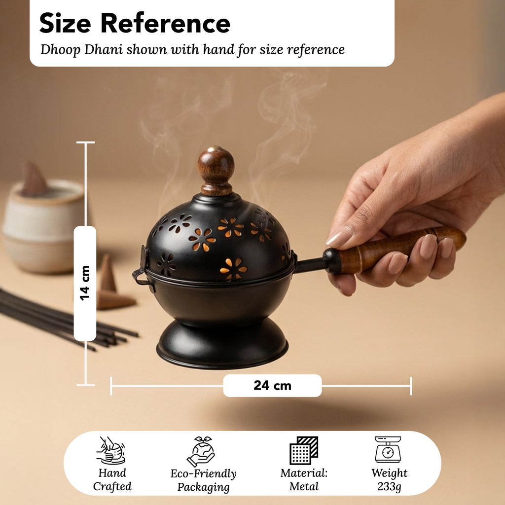 Metal Dhoop Dani with Wooden Handle for Pooja, Meditation & Home Temple Rituals
