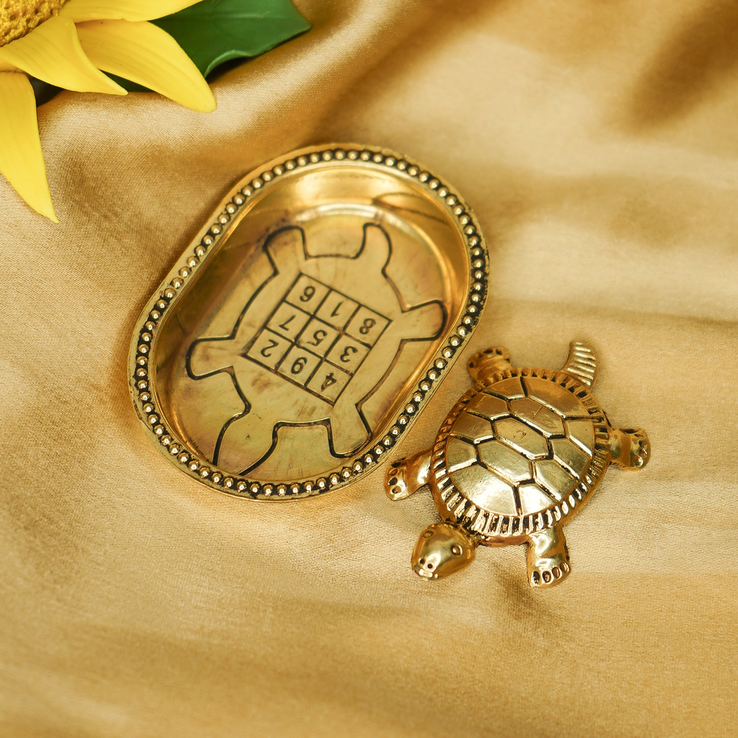 Brass Tortoise Idol with Brass Plate for Vastu & Home Decor