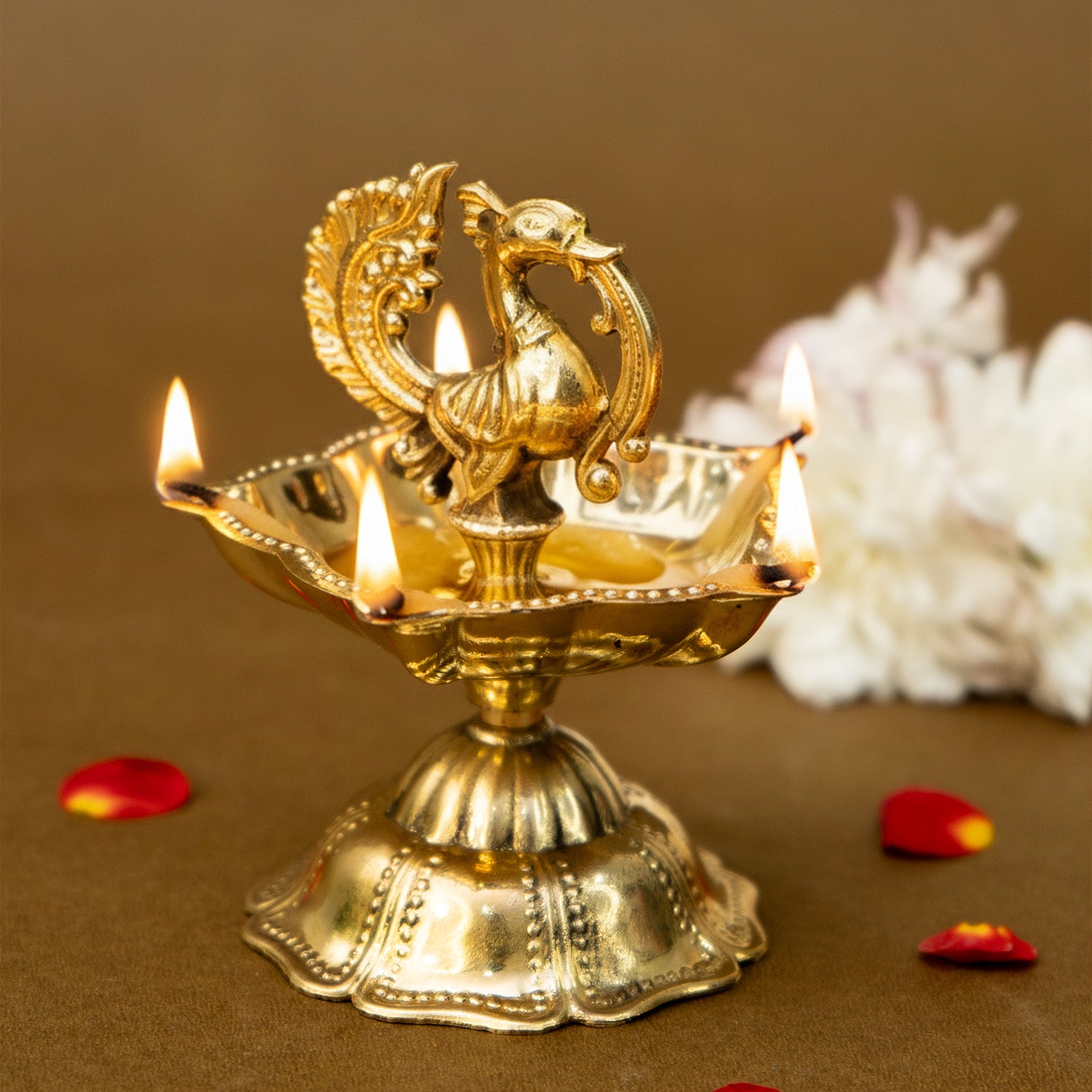 Brass Peacock Panchdeep Diya for Pooja & Home Decor