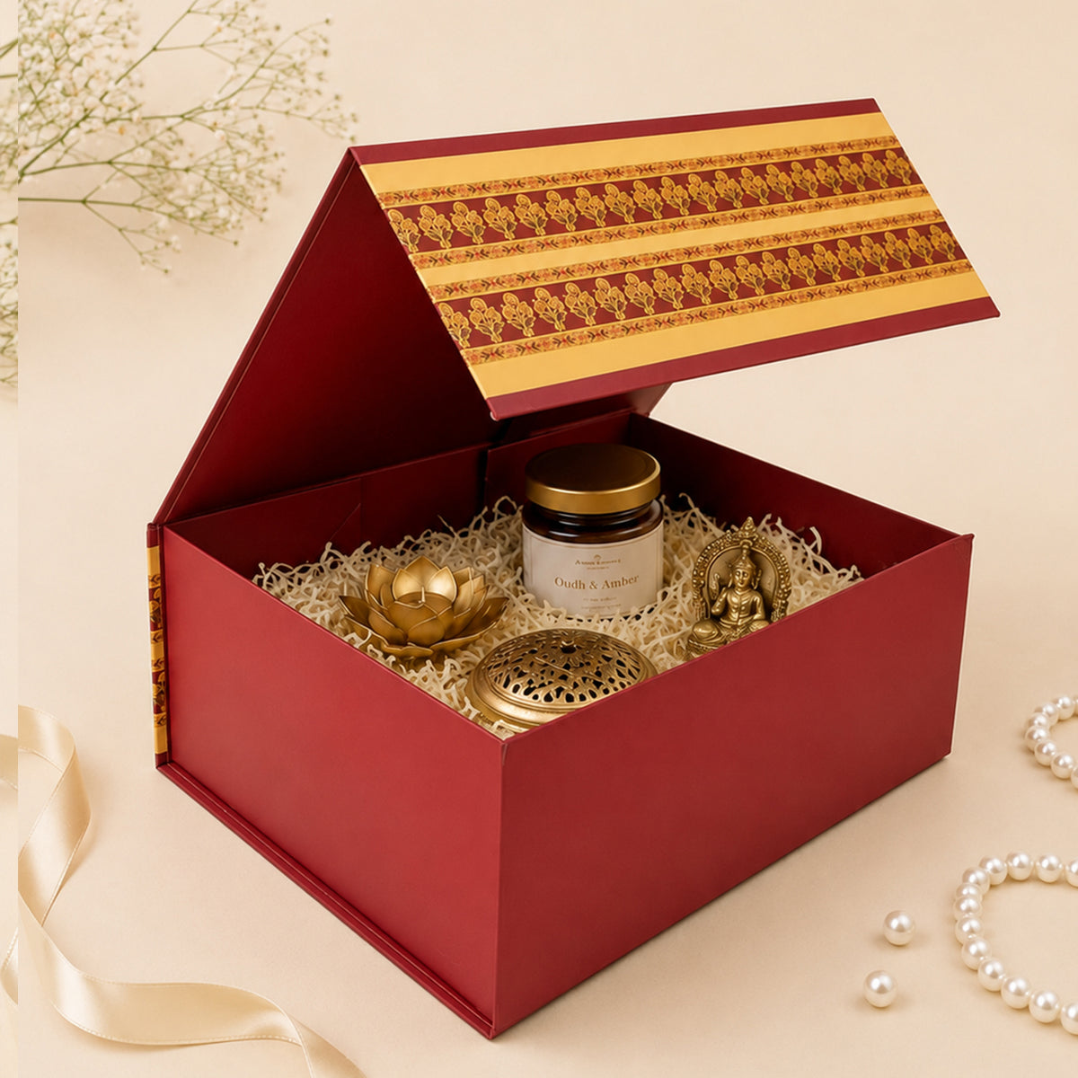Traditional Printed Foldable Multipurpose Gift Hamper Box with Magnetic Closure (26.5 x 21 x 11 cm)