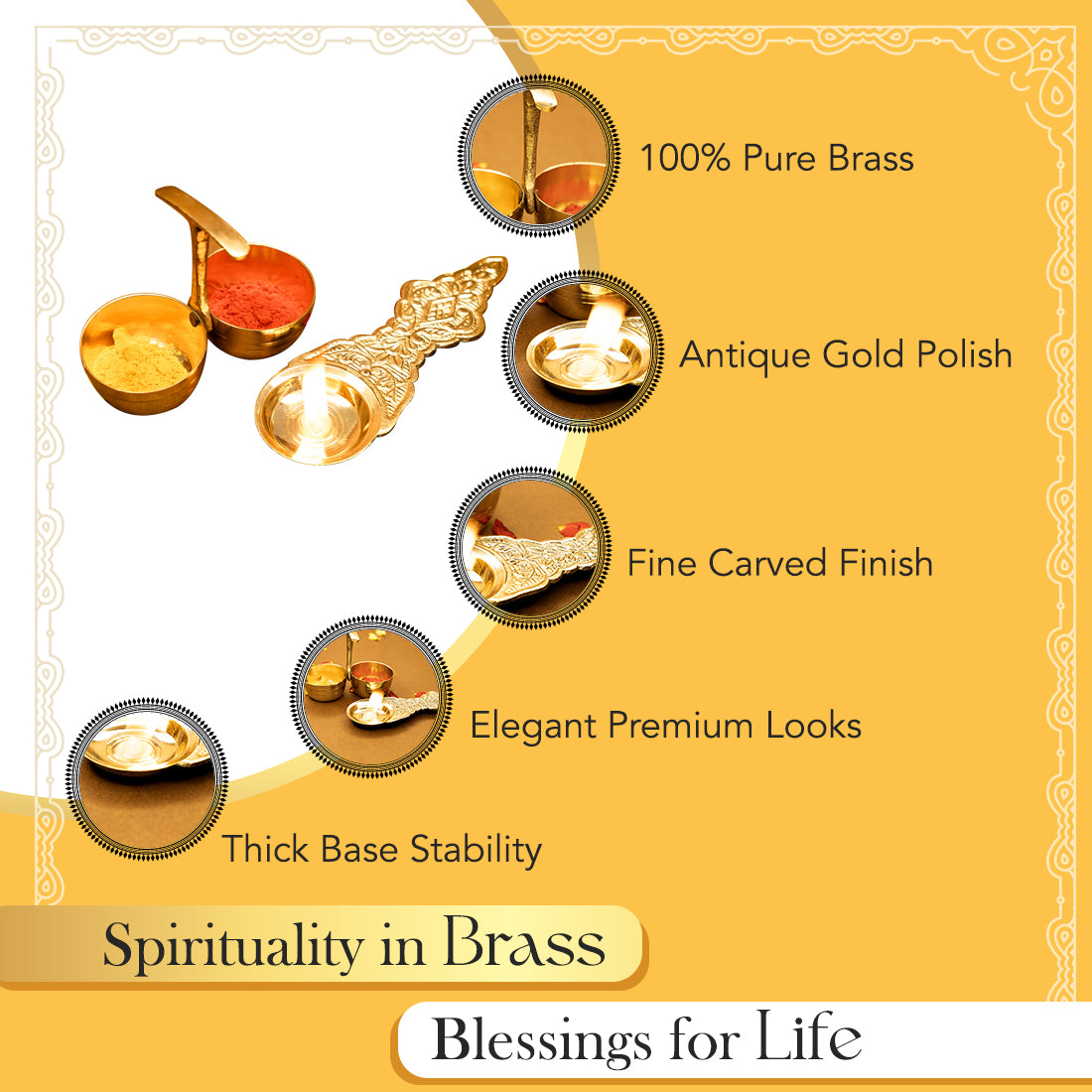 Pure Brass Kapoor Stand with Haldi Kumkum Holder Combo for Pooja & Temple Decor