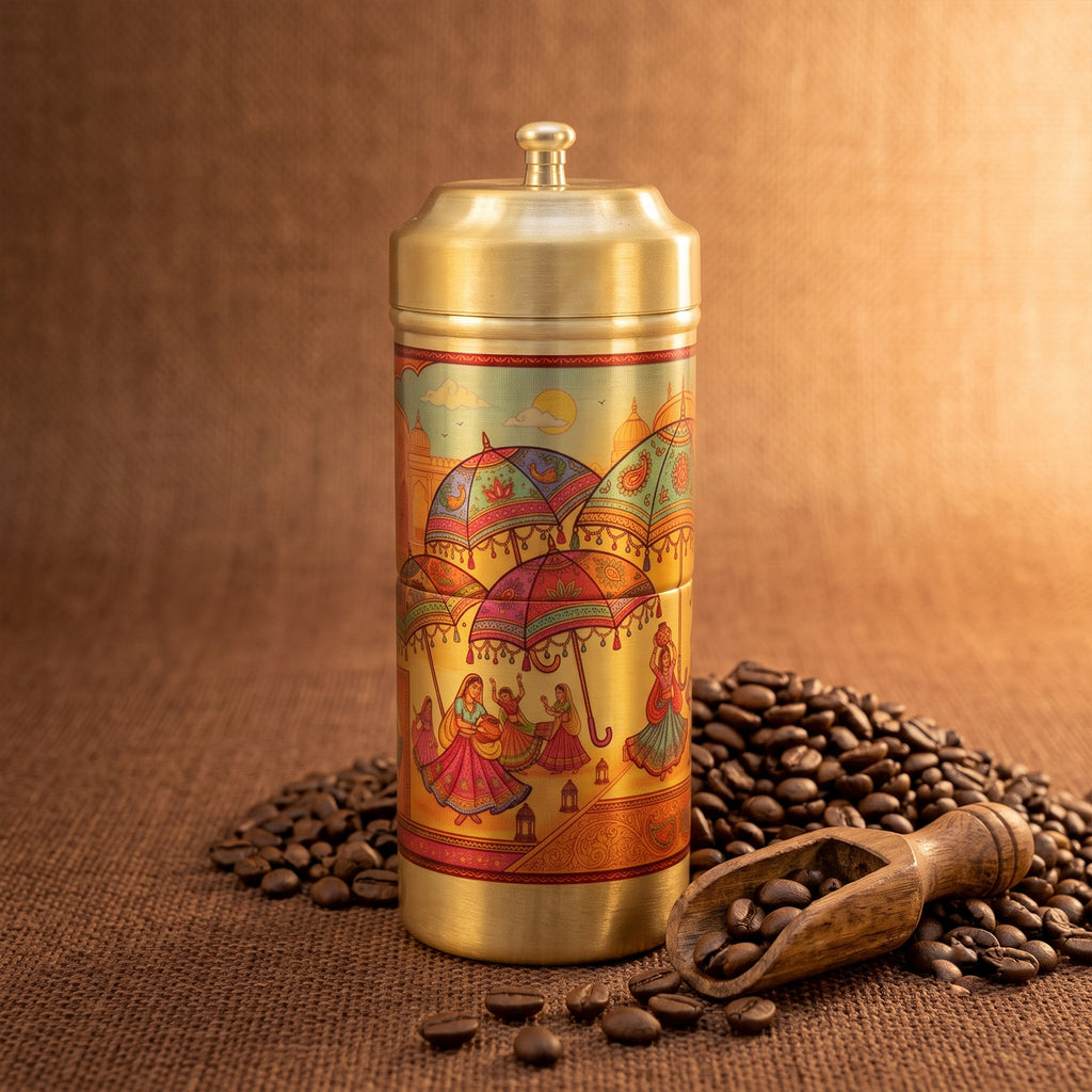 Brass Traditional Printed Filter Coffee Maker for Housewarming, Wedding & Gifting