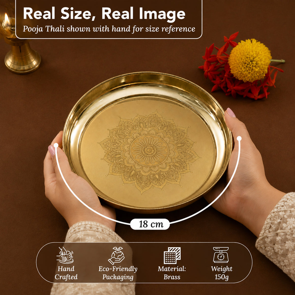 Brass Mandala Engraved Pooja Thali(7 inch) for Aarti, Pooja Rituals, Festive & Gifting