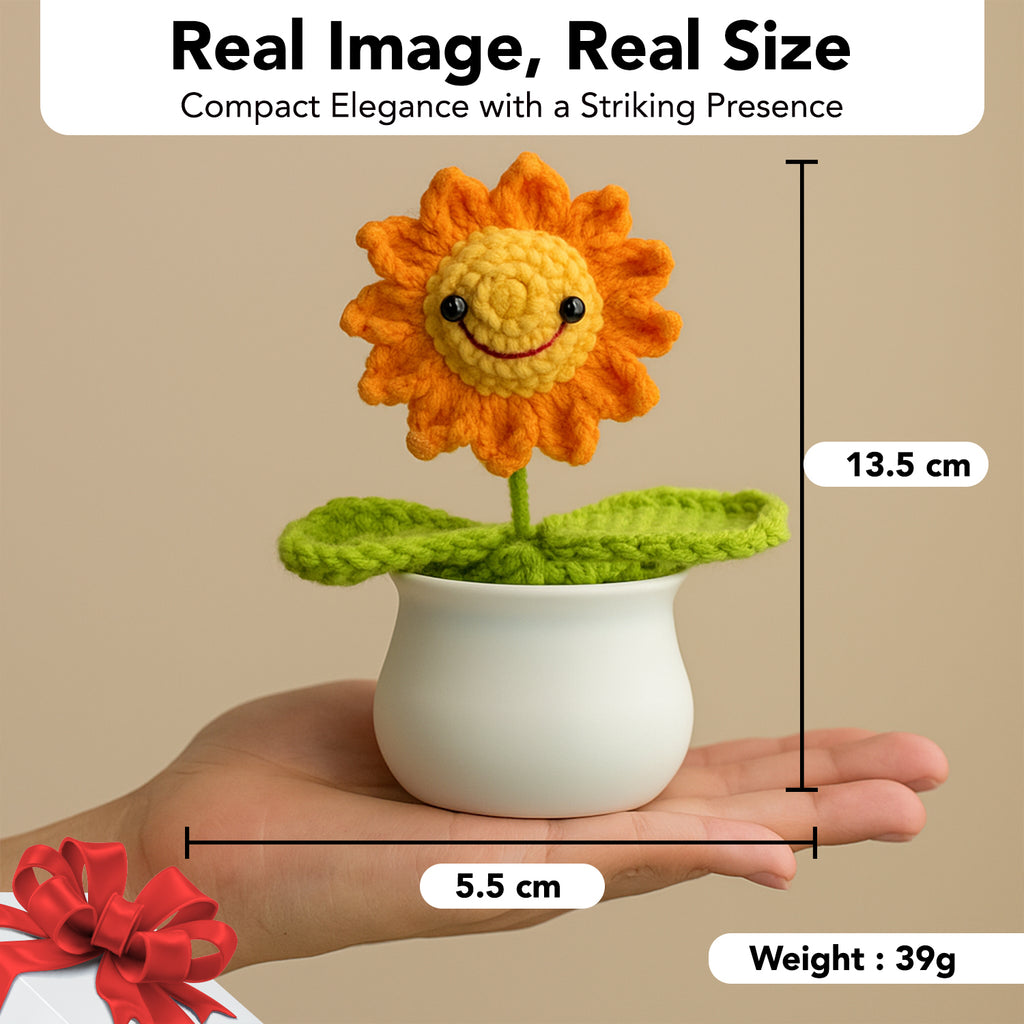 Smiley Sunflower Crochet Flowers Pot for Home Decor, Car Dashboard & Gifting
