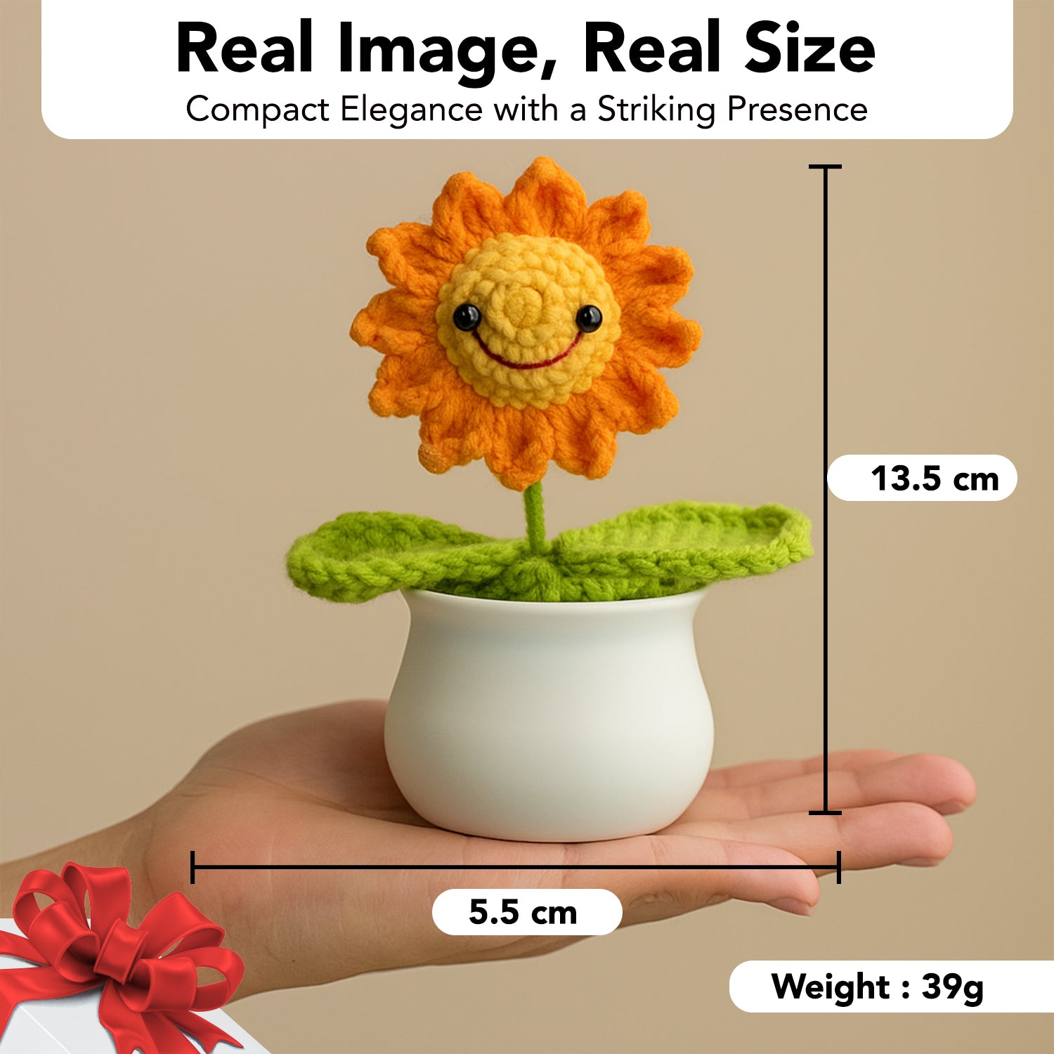 Smiley Sunflower Crochet Flowers Pot for Home Decor, Car Dashboard & Gifting