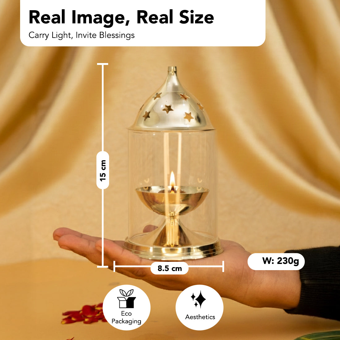 Brass Akhand Jyot Diya with Adjustable Bati Knob & Glass Cover for Puja
