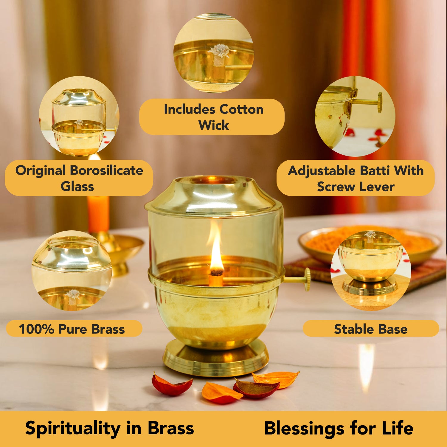 Brass Akhand Jyot Diya with Adjustable Bati Knob & Glass Cover for Puja(250 ML)
