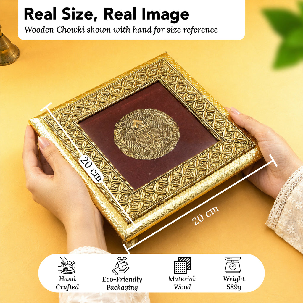 Gold Toned Wooden Lakshmi Chowki for Pooja, Home Temple & Festive Gifting