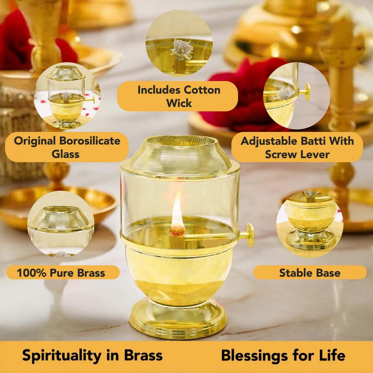 Brass Akhand Jyot Diya with Adjustable Bati Knob & Glass Cover for Puja(Medium Size, 150 ml Oil Capacity)