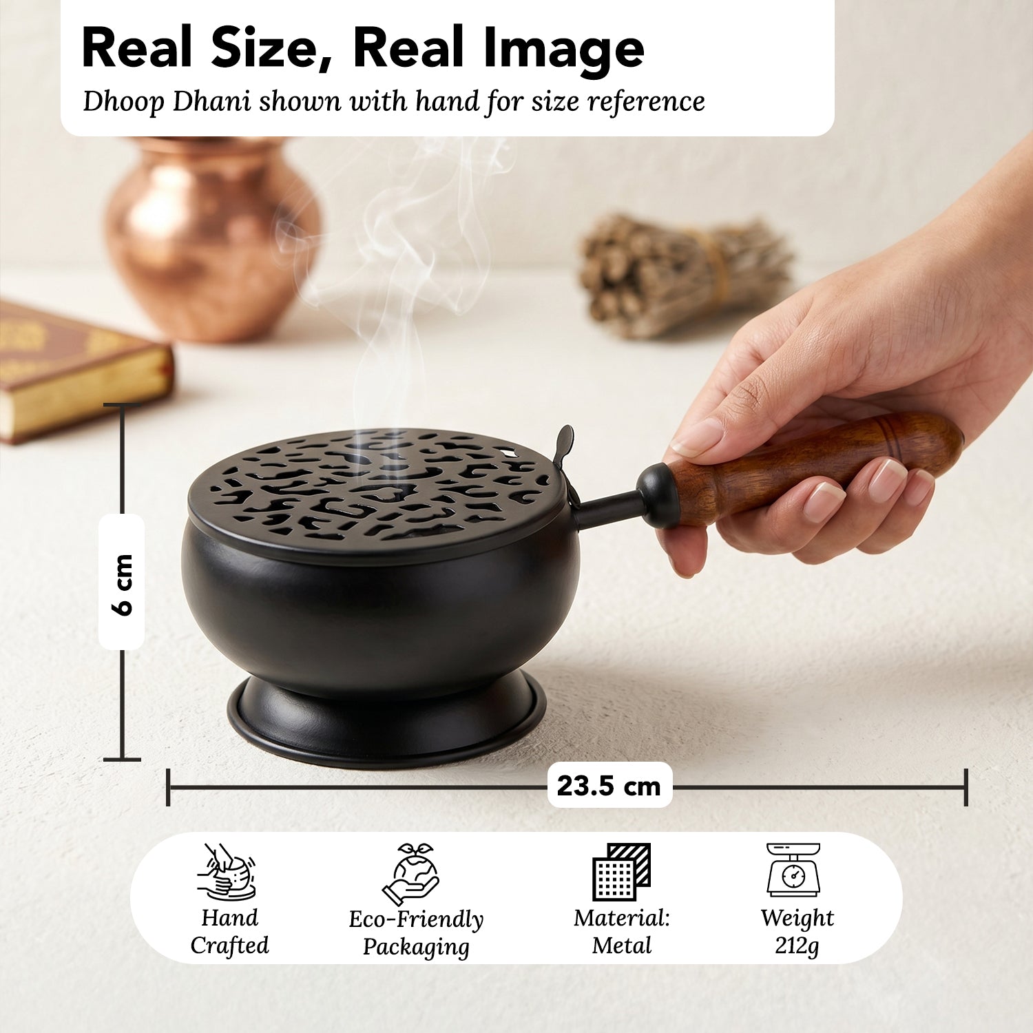 Metal Dhoop Dani with Wooden Handle for Pooja, Meditation & Home Temple Rituals