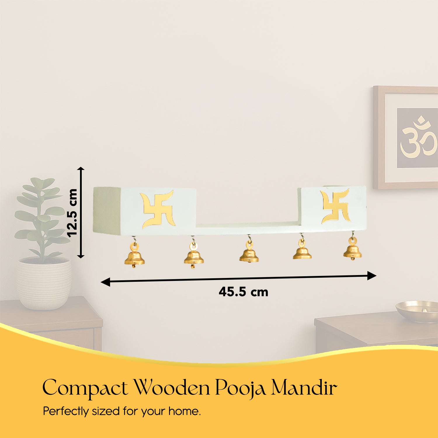 Wooden Wall Mounted Temple with Bells for Puja , Office & Home Decor