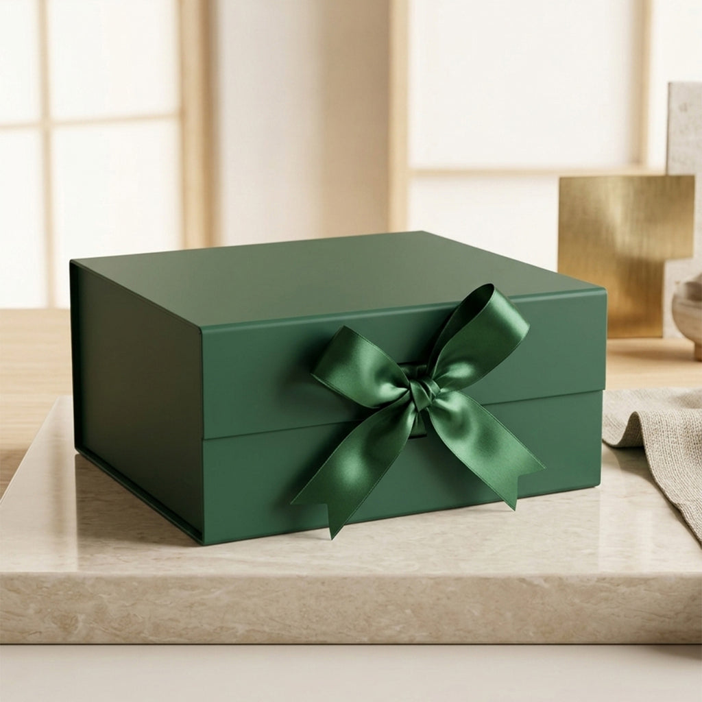Green Foldable Multipurpose Empty Gift Hamper Box with Magnetic Closure & Ribbon (21.5 x 21 x 9.5 cm)