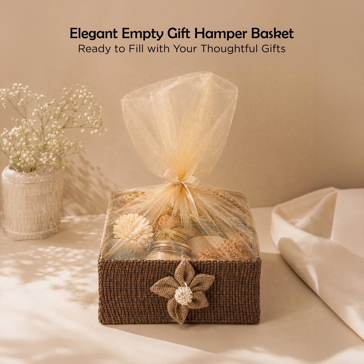 Floral Jute Gift Hamper Basket with Net Cover (21.5 x 21 x 8 cm)