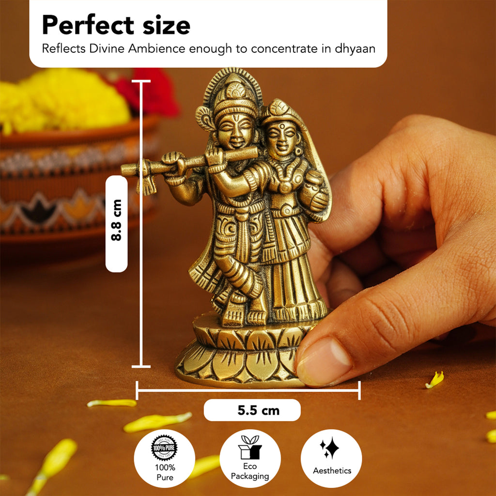 Brass Radha Krishna Idol (Size: 8 cm) for Pooja Room, Home Decor & Spiritual Gifting