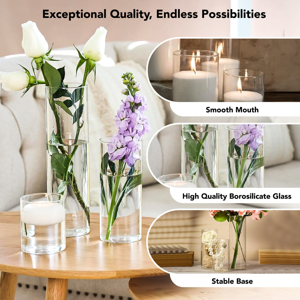 Cylindrical Glass Vase Set of 3 for Home Decor & Gifting