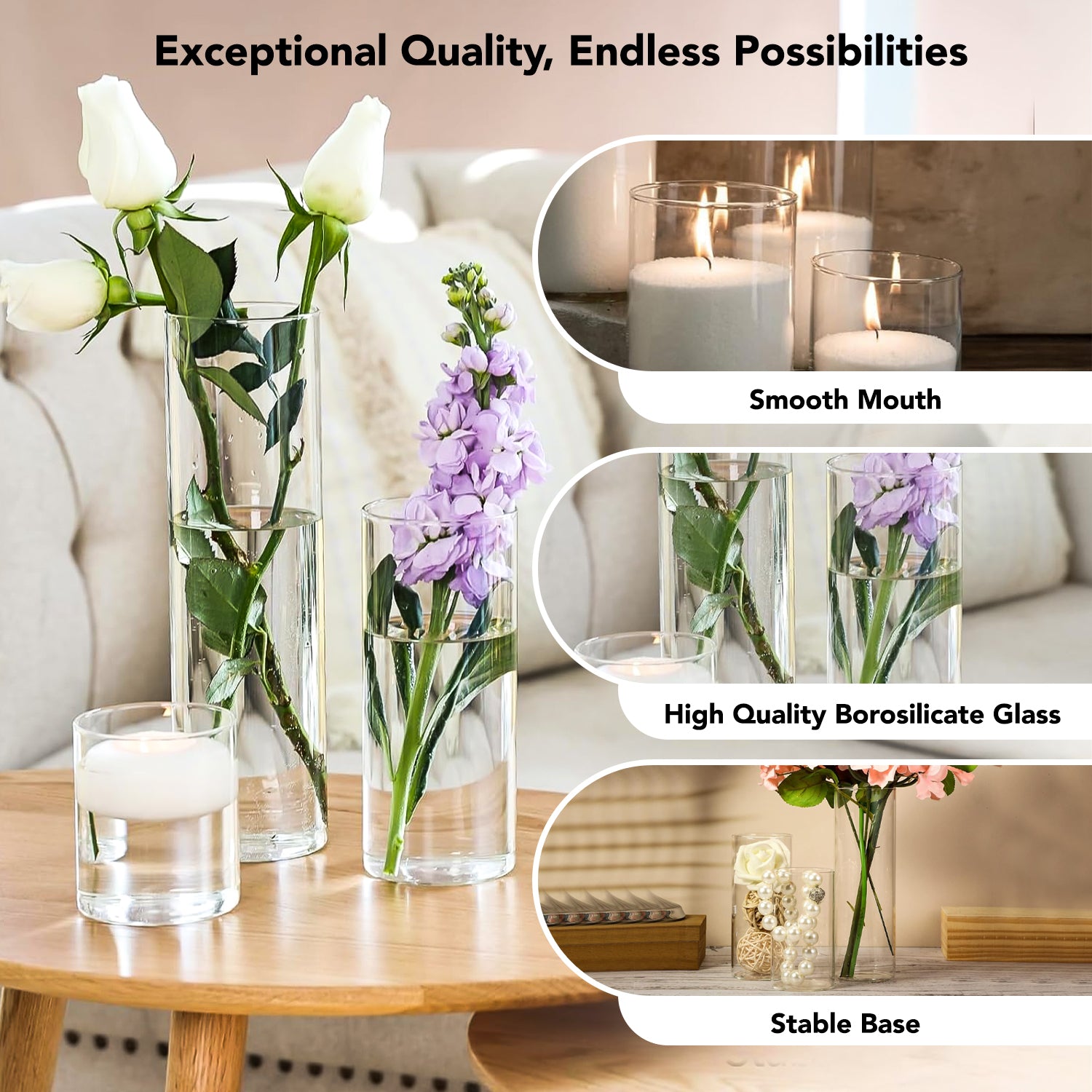 Cylindrical Glass Vase Set of 3 for Home Decor & Gifting