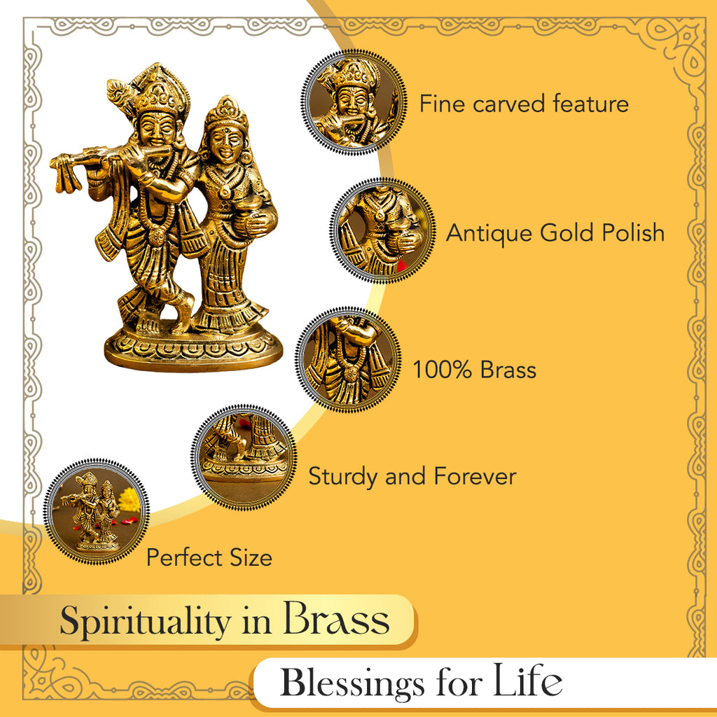 Brass Radha Krishna Idol (Size: 10.6 cm) for Pooja Room, Home Decor & Spiritual Gifting