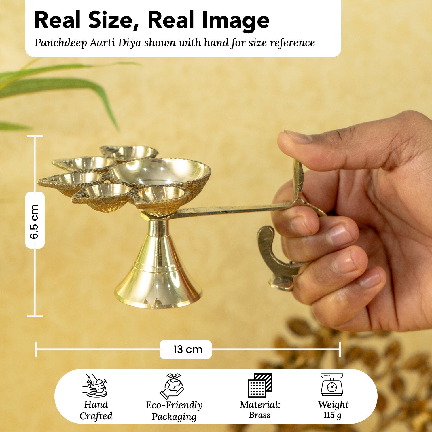 Brass Panchdeep Aarti Diya with Stand for Pooja & Home Temple