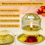 Brass Akhand Jyot Diya with Adjustable Bati Knob & Glass Cover for Puja(Large Size, 250 ml Oil Capacity)
