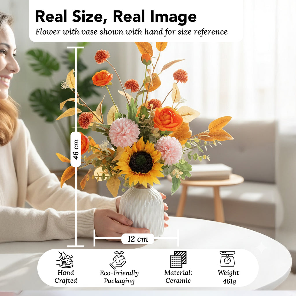Ceramic Vase with Artificial Flowers for Home Decor, Office Desk & Gifting
