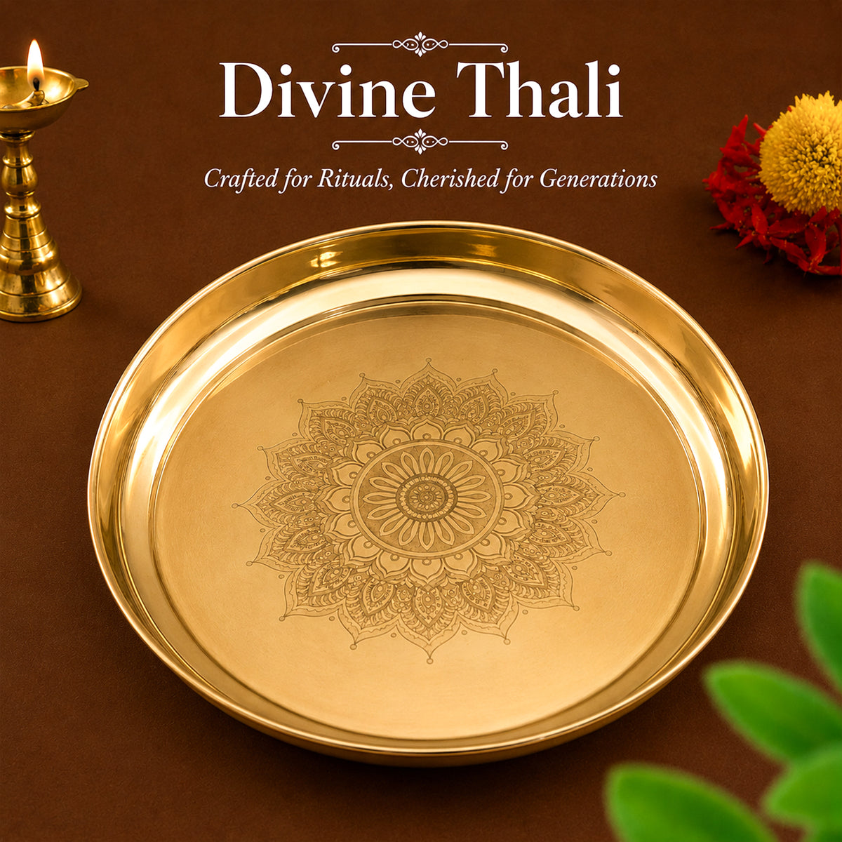 Brass Mandala Engraved Pooja Thali(8 inch) for Aarti, Pooja Rituals, Festive & Gifting