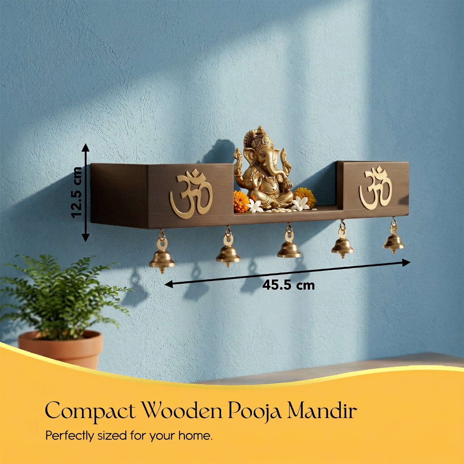 Wooden Wall Mounted Temple with Bells for Puja , Office & Home Decor