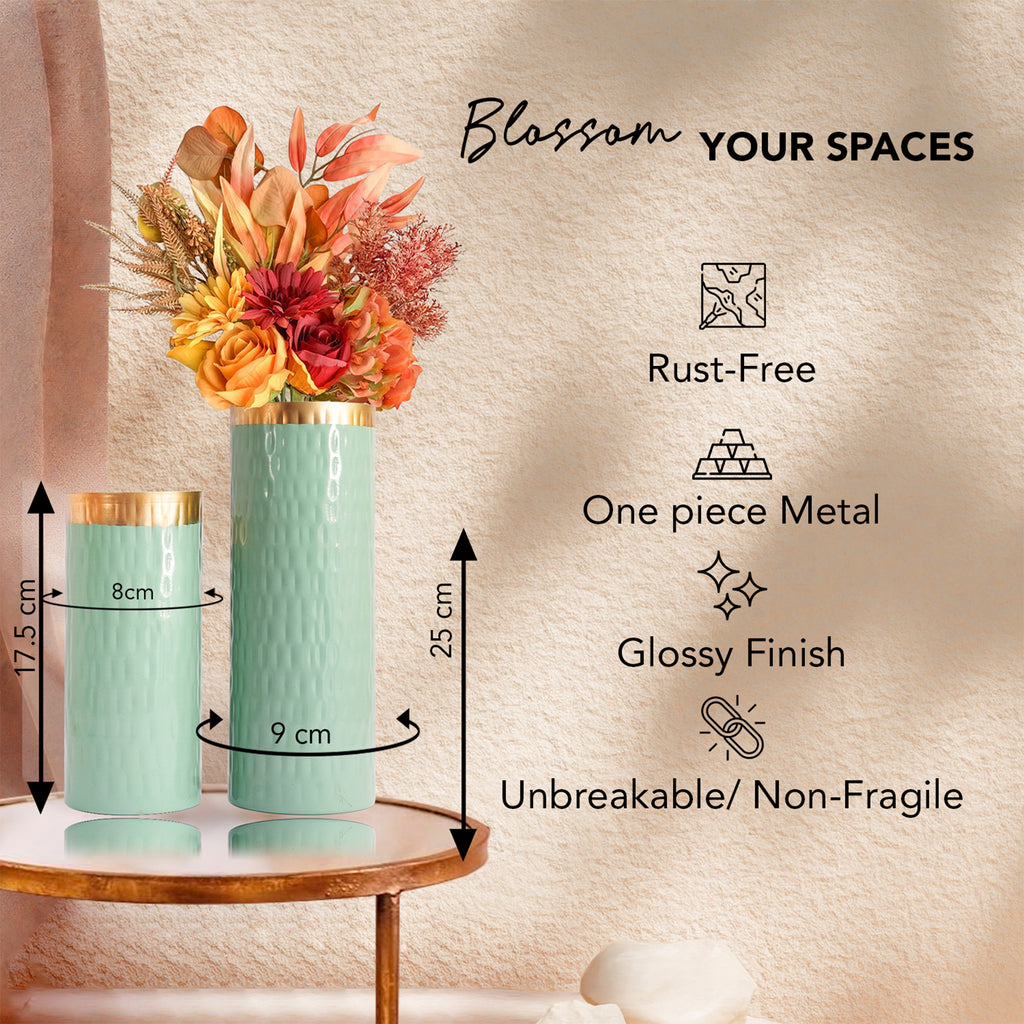 Metal Green Flower Vase Set of 2 for Home Decor, Table Decor & Gifting