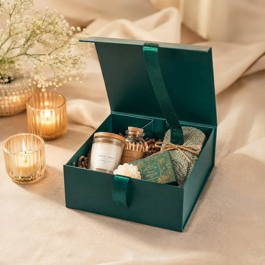 Green Foldable Multipurpose Empty Gift Hamper Box with Magnetic Closure & Ribbon (21.5 x 21 x 9.5 cm)