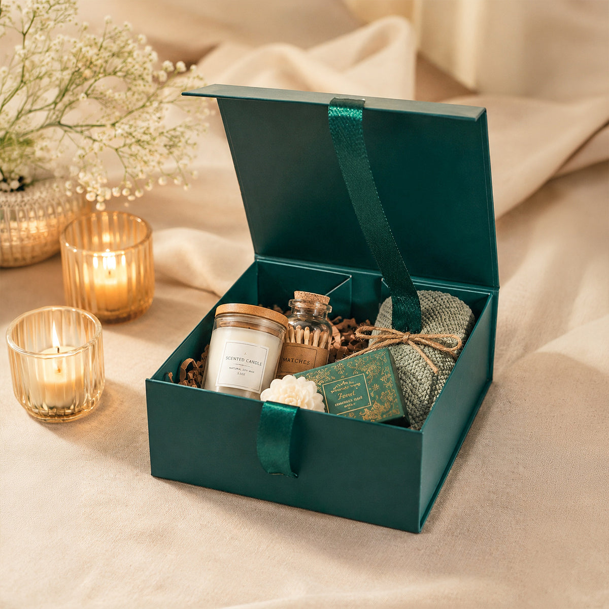 Green Foldable Multipurpose Empty Gift Hamper Box with Magnetic Closure & Ribbon (21.5 x 21 x 9.5 cm)