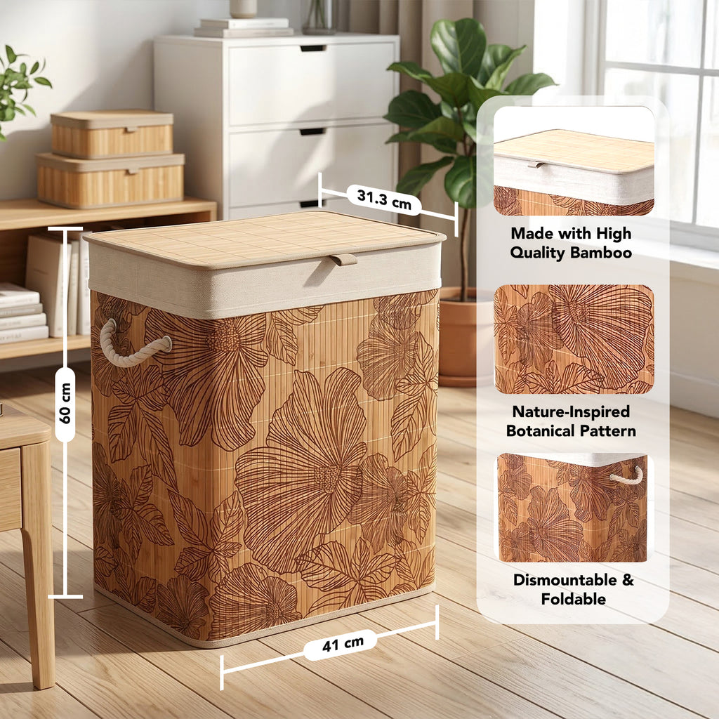 Bamboo Floral Foldable Laundry Basket with Lid for Storage & Organization